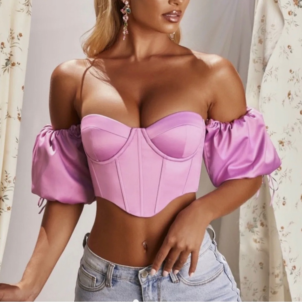 OH POLLY ‘True Bliss’ Bardot Puff Sleeve Corset Crop Top